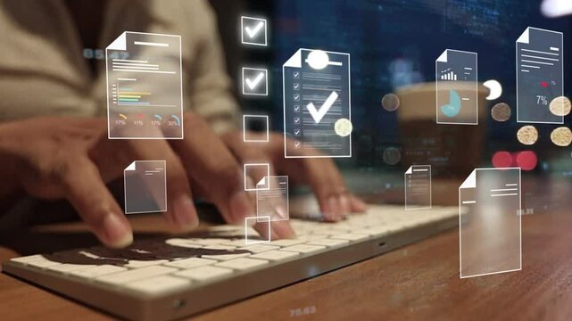 Document management concept, Businesswomen check electronic documents on digital documents on virtual screen Document Management System and process automation to efficiently document paperless operate