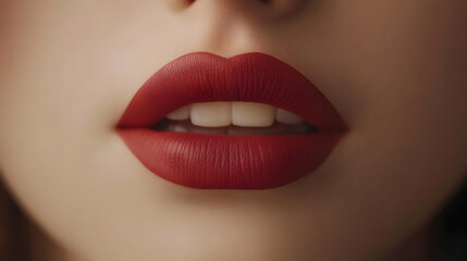 Obraz premium Close-up of lips with bold red lipstick, showcasing beauty and style.