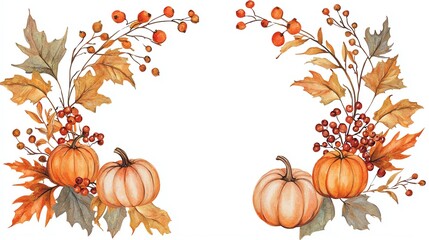 Naklejka premium Autumn themed pumpkin and foliage arrangement on a white isolated background.