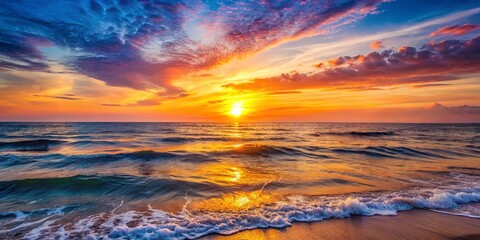 Fototapeta premium Golden Hour Reflection on the Ocean's Edge, a Sky Painted with Hues of Crimson and Azure