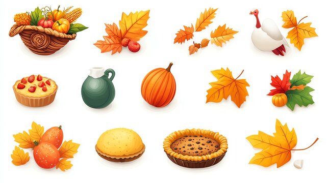 Autumn harvest themed illustrations featuring pies, pumpkins, and fall leaves on a white isolated background.