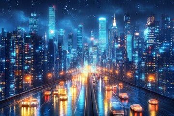 Obraz premium Vibrant Nighttime Cityscape with Illuminated Skyscrapers and Busy Streets Under Blue Hues