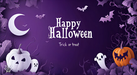 A Halloween greeting card featuring pumpkins, bats, and ghosts on a purple background.