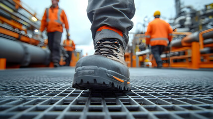 Close-up of a work boot on a metal grate at an industrial site.