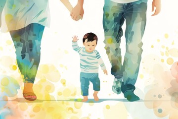 A family of three, a mother, a father, and their son, walk together in a watercolor illustration. The soft colors and blurred details create a dreamy atmosphere.