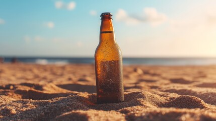 Cold Beer Bottle in Sand on Beach with Ocean View