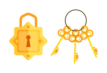 Golden padlock and keys showing security and access concept