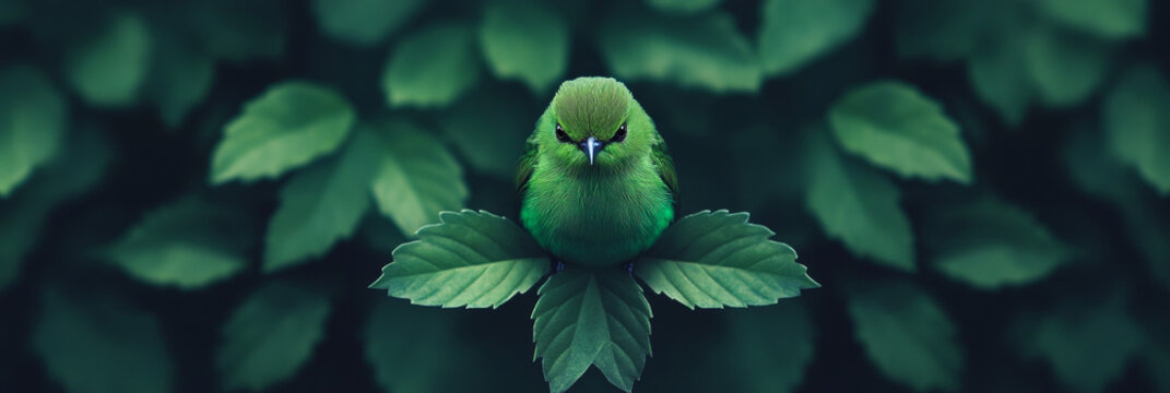 A small, green bird perched on a leaf, surrounded by foliage.