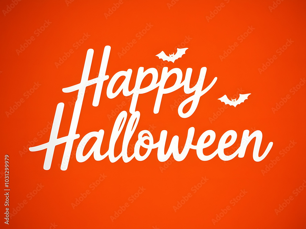 Wall mural illustration of white happy halloween text with bats isolated on orange wallpaper background