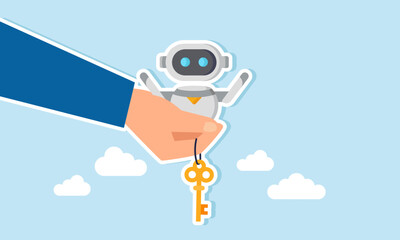 Fototapeta premium A hand holding an AI robot with keys, illustration of receiving advice and solutions related to business through the use of AI