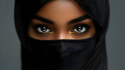 Naklejka premium Close-up portrait of a woman wearing a black hijab, emphasizing her eyes.