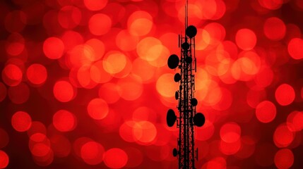 Silhouette of a cell tower against a red bokeh background.