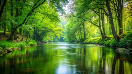 Obraz premium A serene river winds its way through a lush canopy of emerald green trees, sunlight filtering through the leaves and creating a mosaic of light and shadow on the rippling water.
