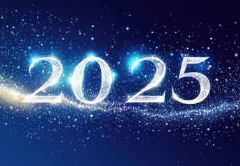 Sparkling 2025 New Year Celebration with Glittering Stars and Cosmic Background