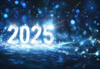 Sparkling 2025 New Year Celebration with Glowing Lights and Festive Blue Background for Holiday and Event Promotions