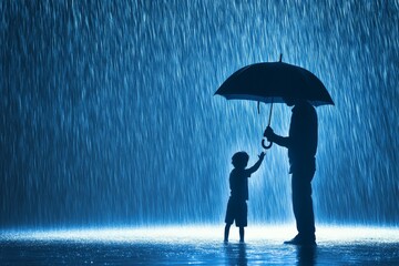 Silhouette of Parent and Child in the Rain