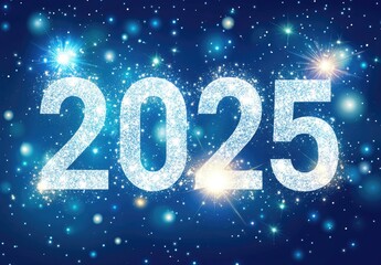Sparkling 2025 New Year Celebration with Glittering Stars and Cosmic Background for Festive Holiday Design