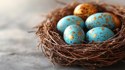 Obraz premium Colorful decorative eggs in a nest for festive celebrations.