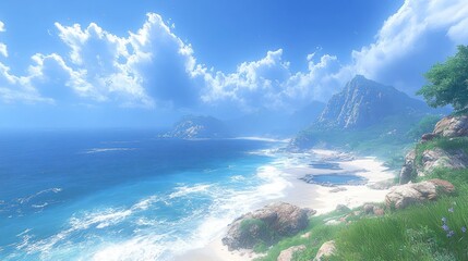 Obraz premium Serene coastal landscape with mountains and vibrant ocean waves.
