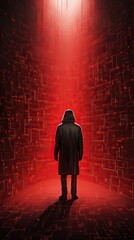 Obraz premium Futuristic Cyberpunk Scene with Hooded Figure in Red Digital Matrix Environment