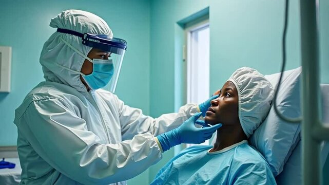 A healthcare professional in a protective suit treating an Ebola patient in an isolation ward, with focus on the extreme safety precautions taken during infectious disease outbreaks