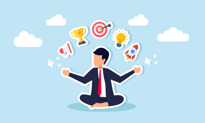 A businessman meditating in a cross-legged position surrounded by elements of marketing and promotion strategies, illustration of finding solutions for effective and efficient marketing strategies