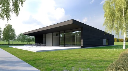 Fototapeta premium Sleek and Contemporary Modern House Design with Clean Lines and Expansive Glass Windows, Showcasing a Stylish and Minimalist Architectural Style.