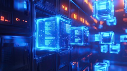 Obraz premium Futuristic Digital Data Storage Concept with Glowing Blue Cubes in a Virtual Network Environment