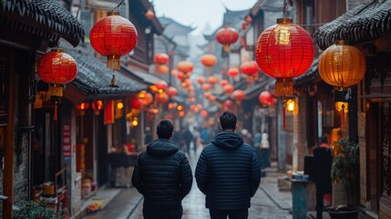 Naklejka premium Two men walk down a narrow street lined with red lanterns in a Chinese town.