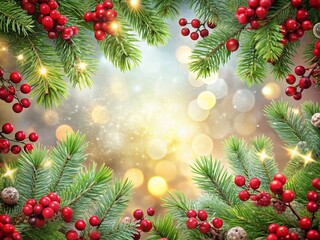 Christmas Pine Branches Border with Bokeh Effect for Festive Seasonal Design