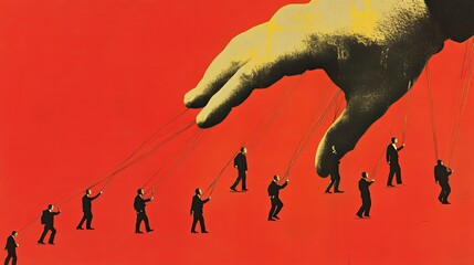 ** Conceptual Image of Giant Hand Controlling Businessmen with Strings on Bold Red Background..**