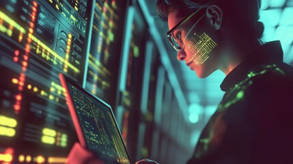 High-resolution photorealistic portrait of a data engineer analyzing server diagnostics on a laptop in a modern server room, the glow of the servers reflecting off their face. The professional color