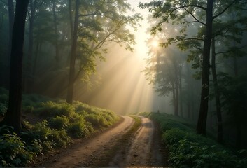 Fototapeta premium Enchanting Dirt Road Through Sunlit Forest with Radiant Sun Rays Filtering through Trees