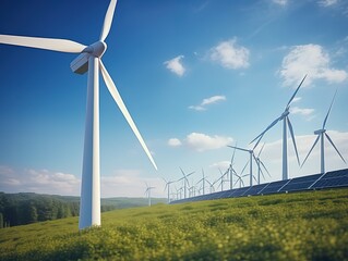 A photorealistic image of solar panels and wind turbines against the backdrop of an expansive landscape, illuminated by golden sunlight, symbolizing renewable energy in action. 