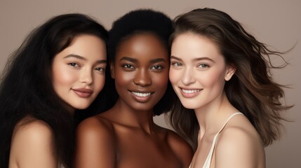 Three smiling young women of diverse backgrounds joyfully pose together, celebrating friendship and beauty in diversity.