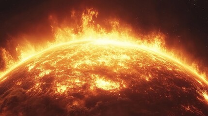 A fiery sun blazes in space, emitting intense heat and light.