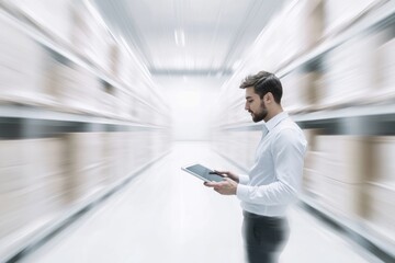 Fototapeta premium Manager working with tablet in sleek warehouse, store , supply chain