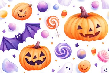 Fototapeta premium Colorful Halloween-themed illustration with pumpkins and lollipops featuring cheerful jackolantern