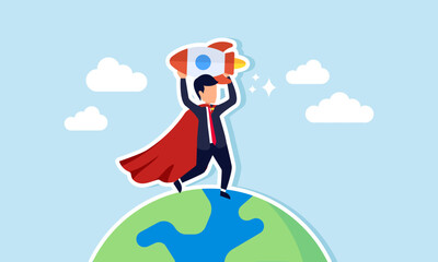 A super businessman standing on Earth while holding a rocket, illustration of a successful businessman elevating his startup's reputation globally