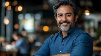 Fototapeta premium A smiling man in a casual setting, exuding warmth and confidence.