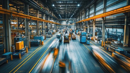 Very realistic and photographic photo of a busy warehouse interior with motion-blurred workers and machinery in full operation The long exposure technique enhances the sense of movement in the