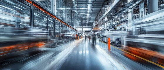 Very realistic and photographic photo of a sleek warehouse interior with automation machinery and motion-blurred workers in a fast-paced environment The long exposure emphasizes the energy and