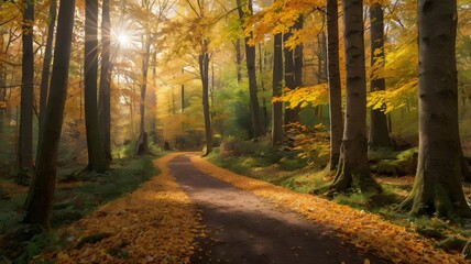 Fototapeta premium Sunbeams Through Autumn Forest Path