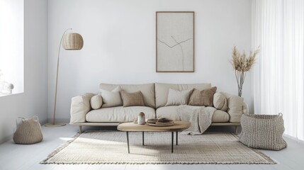A realistic photo of a modern living room with white walls, a beige sofa, and a coffee table A soft rug, floor lamp, and decorative art complete the stylish and modern look Cushions and throws add