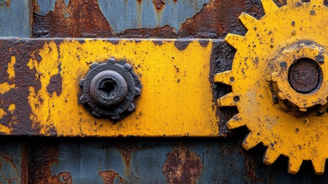 Close-up of a rusty yellow metal gear and nut. - Powered by Adobe