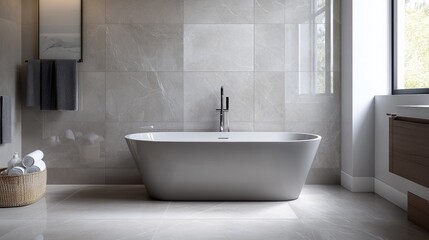 A realistic photo of a serene bathroom with sleek gray marble tiles and a freestanding bathtub The contemporary decor and minimalist design create a peaceful, relaxing environment Styled like a