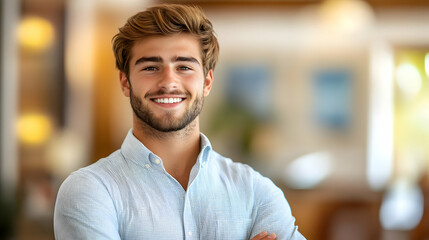 Fototapeta premium A smiling young man in a casual setting with a warm atmosphere.