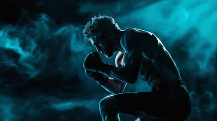 Determined muscular man, athlete in boxing gear, focused and prepared for fight isolated on black background with dust. Concept of sport.