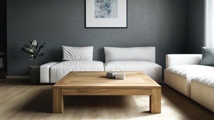 A realistic photo of a contemporary living room showcasing a wooden square coffee table near a white sofa. The grey wall, adorned with an art poster, adds sophistication to the minimalist decor.