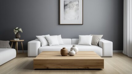 A realistic photo of a contemporary living room featuring a wooden square coffee table and white sofa. The grey wall with an art poster completes the stylish, minimalist decor. Captured in 32k